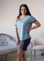 Load image into Gallery viewer, Asymmetrical Off-shoulder Tee, Dove Blue/ Brown
