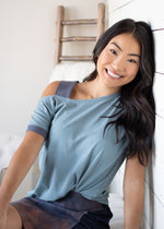 Load image into Gallery viewer, Asymmetrical Off-shoulder Tee, Dove Blue/ Grey

