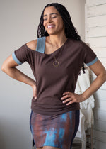 Load image into Gallery viewer, Asymmetrical Off-shoulder Tee, Brown / Dove Blue
